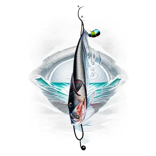 A dotwork design of a fishing rod and reel with a tuna fish jumping out of the water tattoo design idea