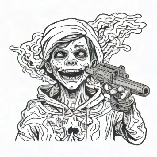 teenage boy in ghost form holding a gun to his head with a manic smile tattoo design idea