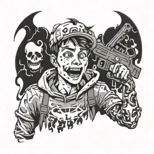 teenage boy in ghost form holding a gun to his head with a manic smile tattoo design idea