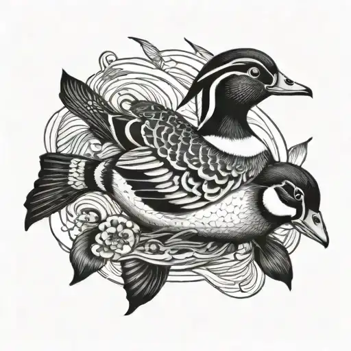 wood duck swimming around fish tattoo design idea