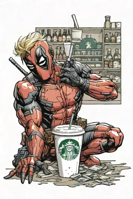 blonde deadpool trapped in a Starbucks cup thats half full tattoo design idea