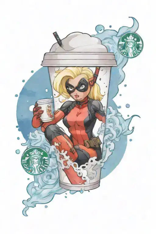 cartoon female blonde deadpool trapped in a Starbucks cup thats half full tattoo design idea