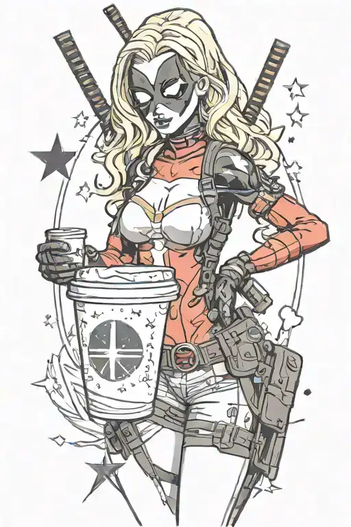female deadpool with blonde hair trapped in a half full star bucks cup tattoo design idea