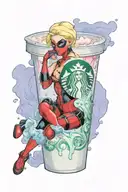 cartoon female blonde deadpool trapped in a Starbucks cup thats half full tattoo design idea