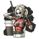 female blonde deadpool trapped in a Starbucks cup thats half full tattoo design idea