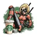 female blonde deadpool trapped in a Starbucks cup thats half full tattoo design idea