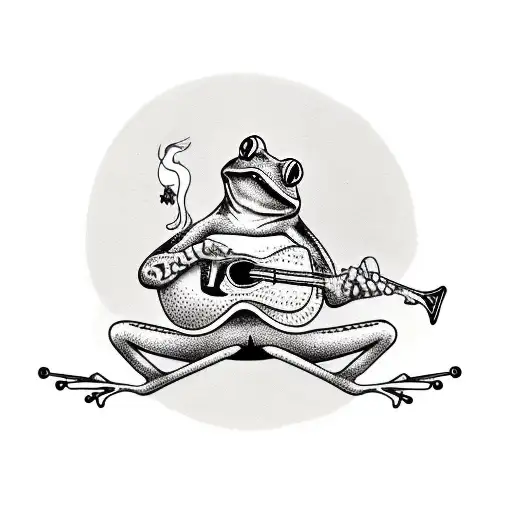 a frog sitting on a chair smoking a pipe and playing blues on an old semi-acoustic guitar tattoo design idea