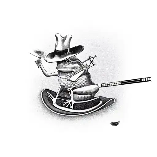 a frog in a hat sitting on a chair while smoking a pipe and playing blues on an old hollow body acoustic guitar tattoo design idea