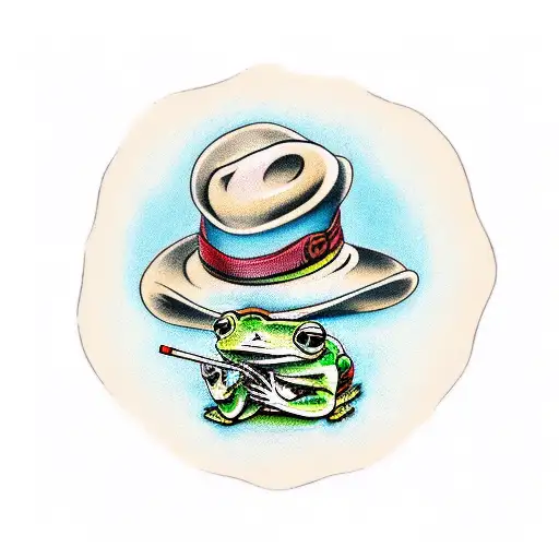 a frog in a hat sitting on a chair while smoking a pipe and playing blues on an old hollow body acoustic guitar tattoo design idea