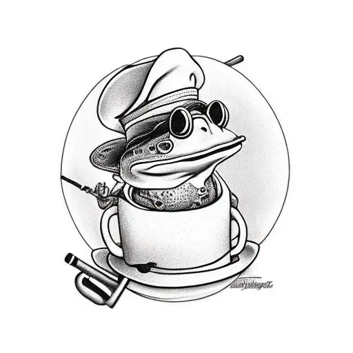 A Frog In A Hat Sitting On A Chair While Smoking A Pipe And Playing Blues On a guitar tattoo design idea