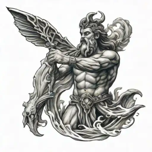 poseidon with water and fish tattoo design idea