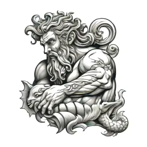 poseidon with water and fish tattoo design idea