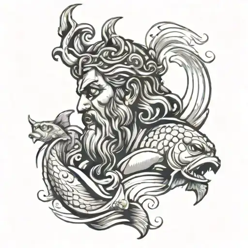 poseidon head with water waves and fish surrounded tattoo design idea