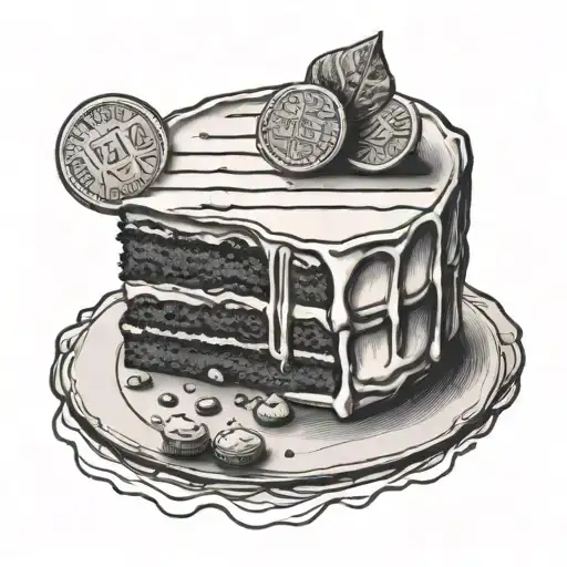 Madeleine cake with a bite out of it and a penny resting over it tattoo design idea
