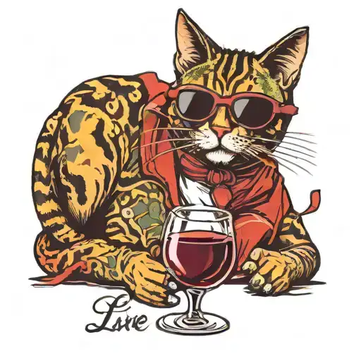 An ugly tattoo of a cat wearing sunglasses and drinking wine. there shall also be a text inserted: "Live, Love, Janne" tattoo design idea