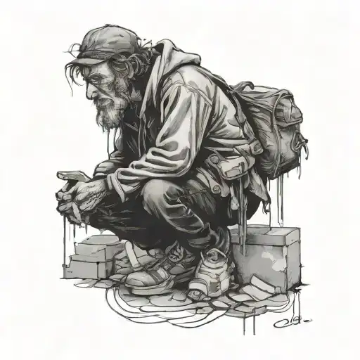 homeless man wandering a broke world that is evaporating around him tattoo design idea