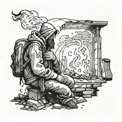 homeless man wandering a broken earth with fire and pieces of the world falling apart the world is in ruins tattoo design idea