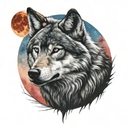 Wolf with blue eyes looking at a red full moon tattoo design idea