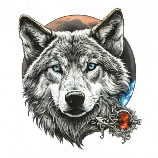 Blue-eyed wolf looking up at the red full moon tattoo design idea