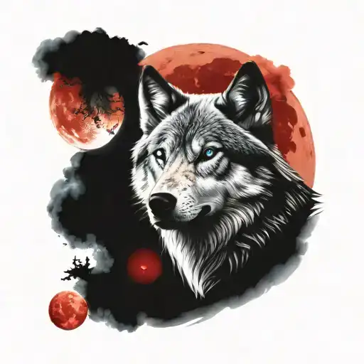 Blue-eyed wolf looking at a red full moon tattoo design idea