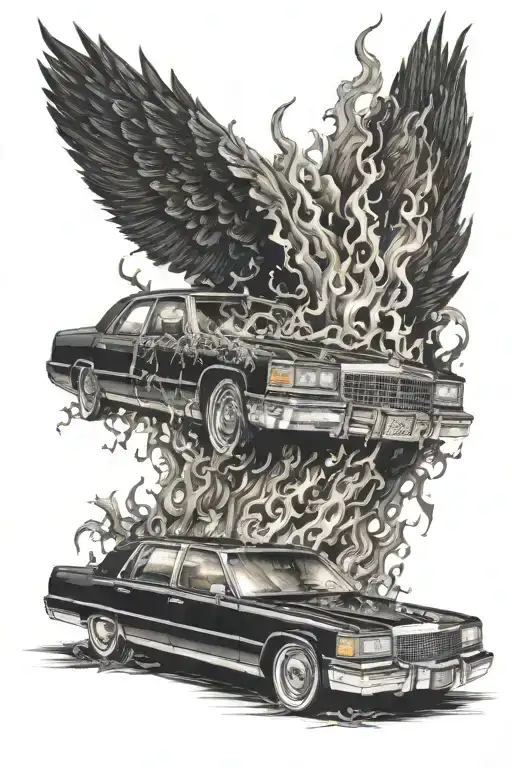 a black 1998 cadillac deville broken down engulfed in flames tattoo design idea