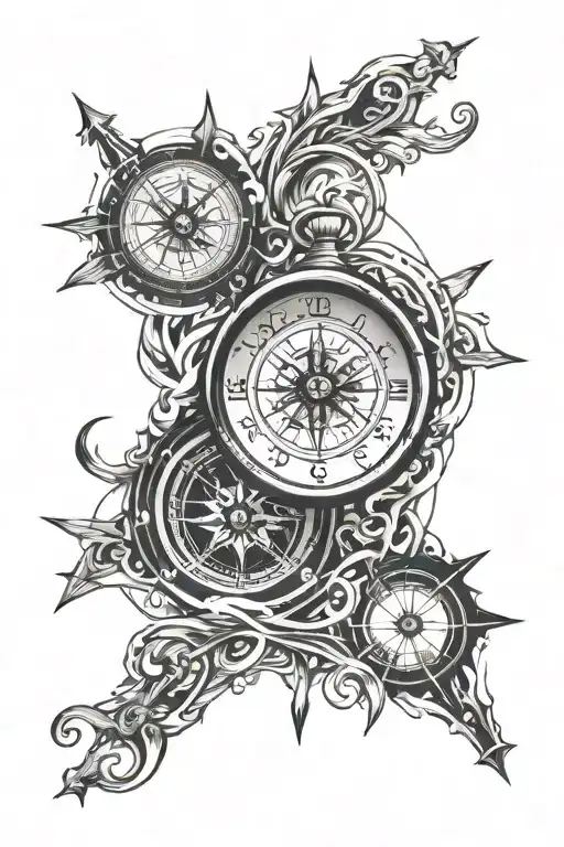 clock and compass intertwined tattoo design idea