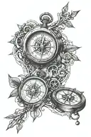 clock and compass intertwined tattoo design idea