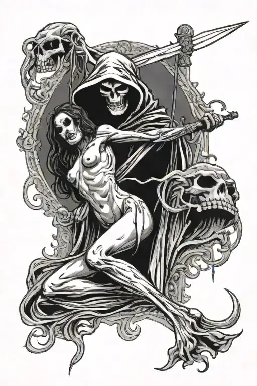 grim reaper taking a nude woman this is facing him tattoo design idea