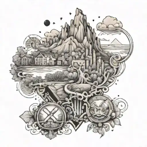 A tattoo design featuring the Greetsieler Zwillingsmühlen and landmarks from Jena, Erfurt, and Heilbad Heiligenstadt, with a focus on the theme of conquering fears and a passion for nature and hiking tattoo design idea