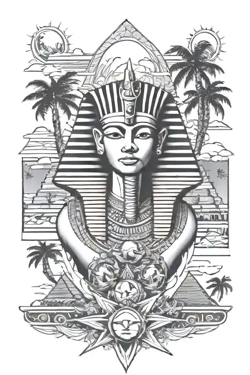 Egyptian pharaoh, pyramids, sun, moon, stars, palm trees, god Horus, 7749, names Tamara, Cheryl, and Thelma  tattoo design idea