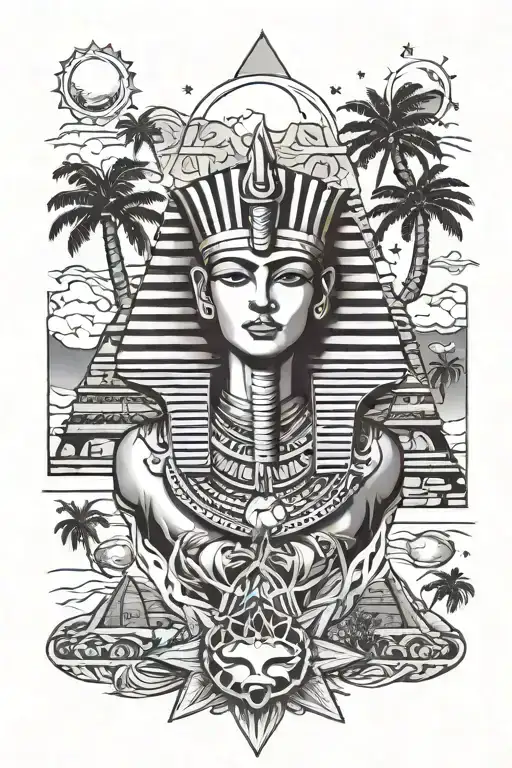 Egyptian pharaoh, pyramids, sun, moon, stars, palm trees, Horus, 7749, names Tamara, Cheryl, and Thelma  tattoo design idea