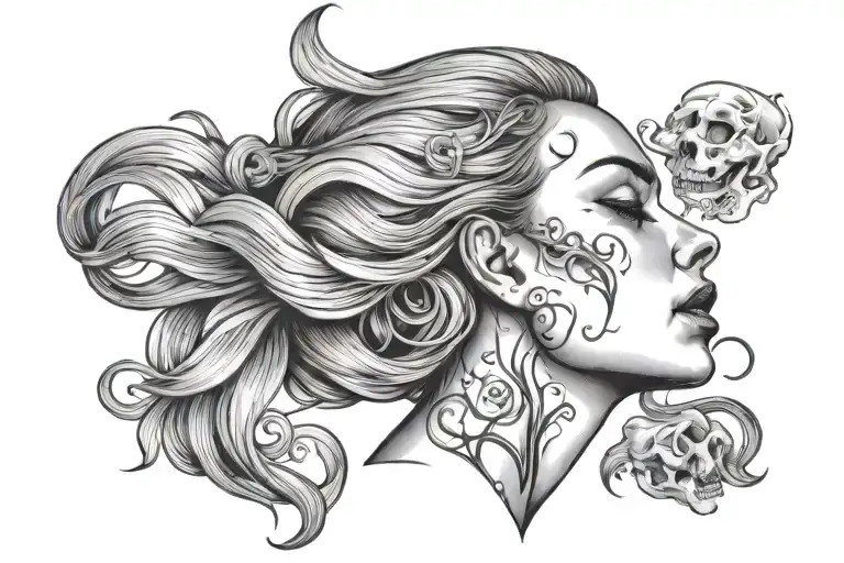 neck tattoo of woman's face crying with hair blowing and a skull surrounded by arches tattoo design idea