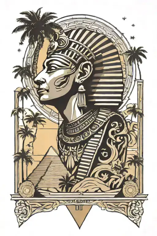 king tut with pyramids and palm trees under the sun, moon, stars in the sky, Egyptian tombs tattoo design idea