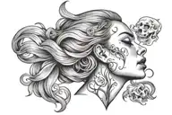 neck tattoo of woman's face crying with hair blowing and a skull surrounded by arches tattoo design idea