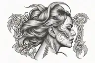 neck tattoo of woman's face crying with hair blowing and a skull surrounded by arches tattoo design idea
