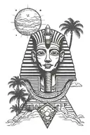 king tut in front of pyramid and palm trees under the sun, moon, stars in the sky, moonwords Tamara, Cheryl, and Thelma  tattoo design idea