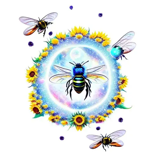 A celestial bee flying through a galaxy filled with sunflowers tattoo design idea