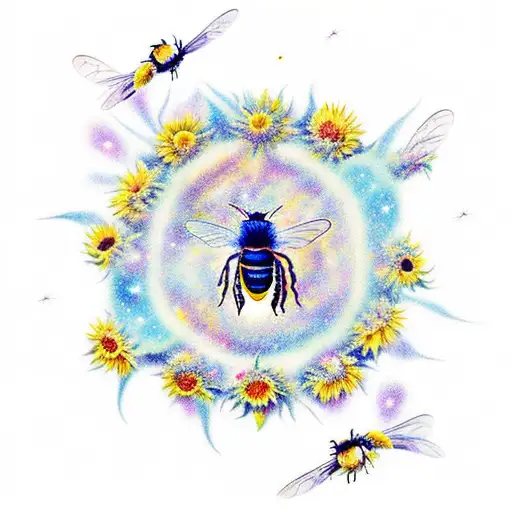 A celestial bee flying through a galaxy filled with sunflowers tattoo design idea