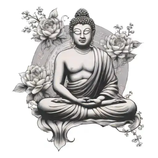A serene Buddha meditating in a temple surrounded by blooming flowers, with musical notes floating in the air tattoo design idea