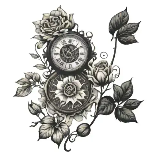 growing flowers with a clock face and brain inside tattoo design idea