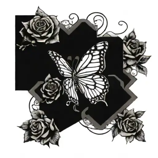 A beautiful butterfly with intricate patterns, surrounded by delicate roses to symbolize your love for your mom and Christianity tattoo design idea