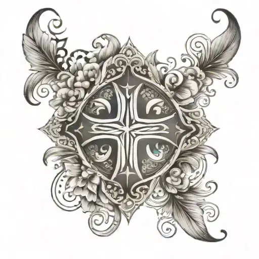 Design a tattoo featuring a cross surrounded by intricate floral patterns, symbolizing faith and friendship tattoo design idea