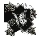A beautiful butterfly with intricate patterns, surrounded by delicate roses to symbolize your love for your mom and Christianity tattoo design idea