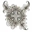 Design a tattoo featuring a cross surrounded by intricate floral patterns, symbolizing faith and friendship tattoo design idea