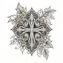 Design a tattoo featuring a cross surrounded by intricate floral patterns, symbolizing faith and friendship tattoo design idea
