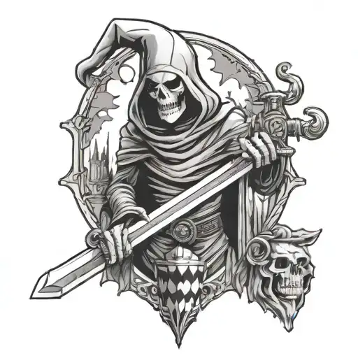 grim reaper holding sword, black bishop chess piece in front tattoo design idea