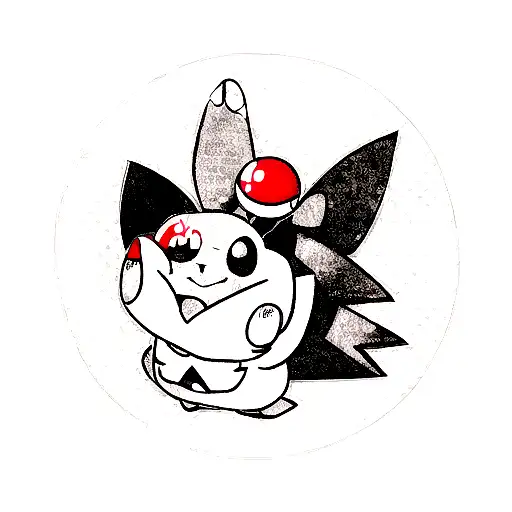 A dotwork tattoo of a Pokeball with Stitch popping out of it, surrounded by Pikachu and other Pokemon tattoo design idea