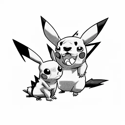 A blackwork tattoo of a Pikachu and Stitch playing together tattoo design idea