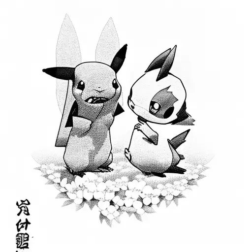 A black-grey tattoo of a serene scene with Pikachu and Stitch sitting under a cherry blossom tree tattoo design idea
