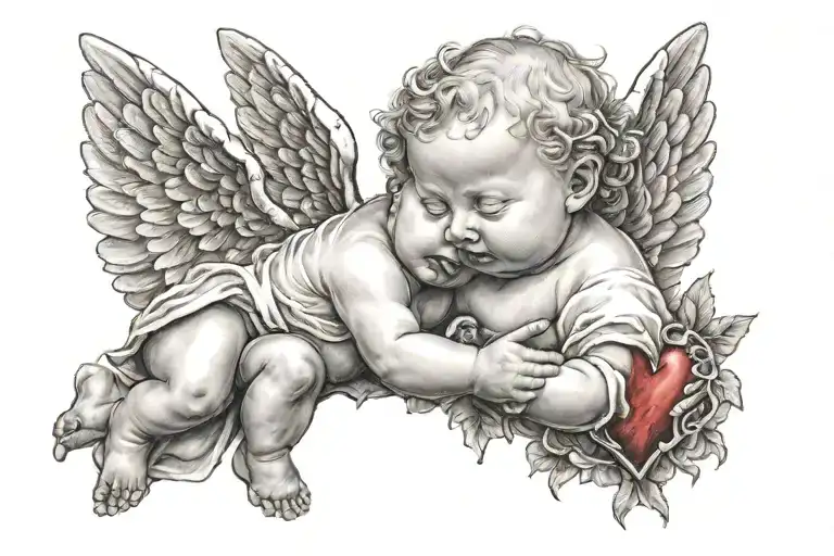 baby angel holding broken heart tattoo design idea